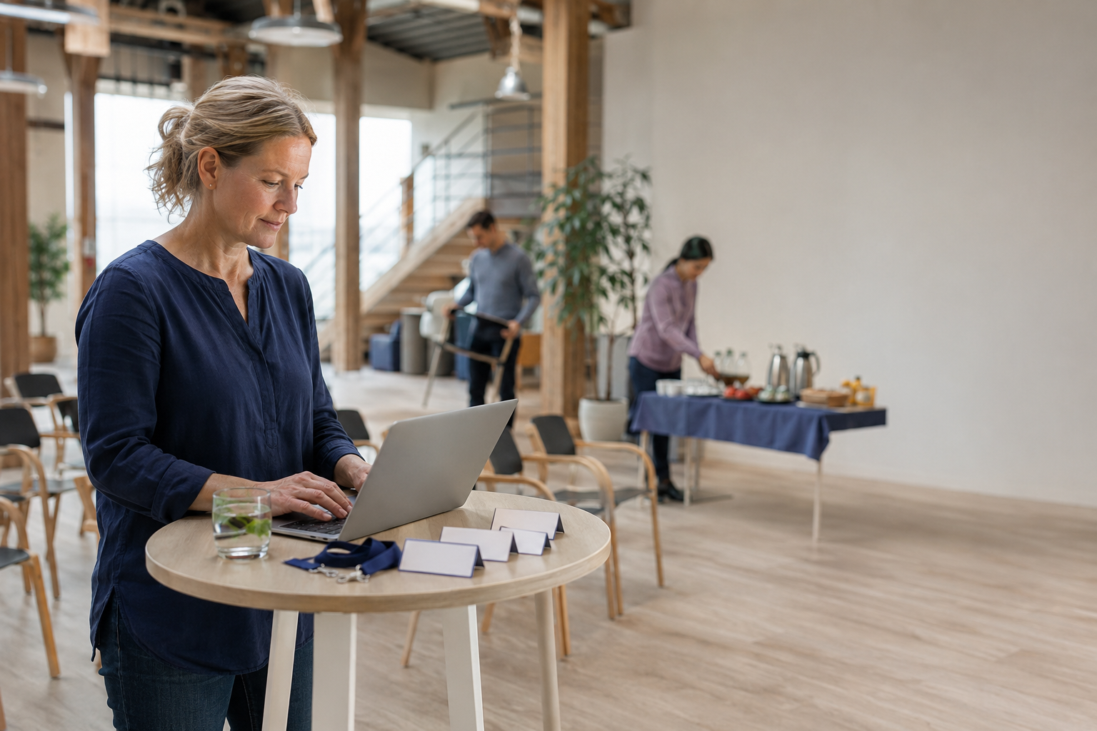 A smiling lady in a workplace arranging and event.